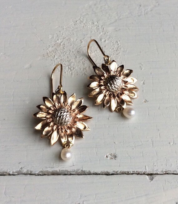 14k Sunflower Earrings by WorkofHands on Etsy