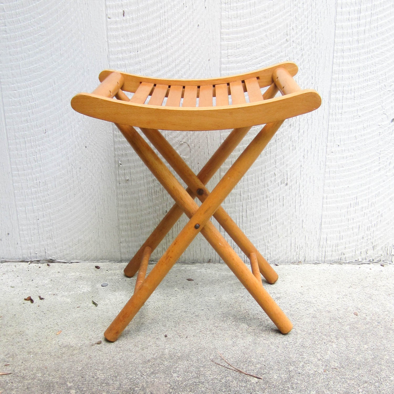 Vintage Collapsible Wooden Camping Stool Folding Wood Seat.