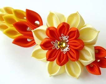 Kanzashi fabric flower french barrette. Floral french clip. Yellow flower barrette. Handmade yellow french barrette. Kanzashi barrette.