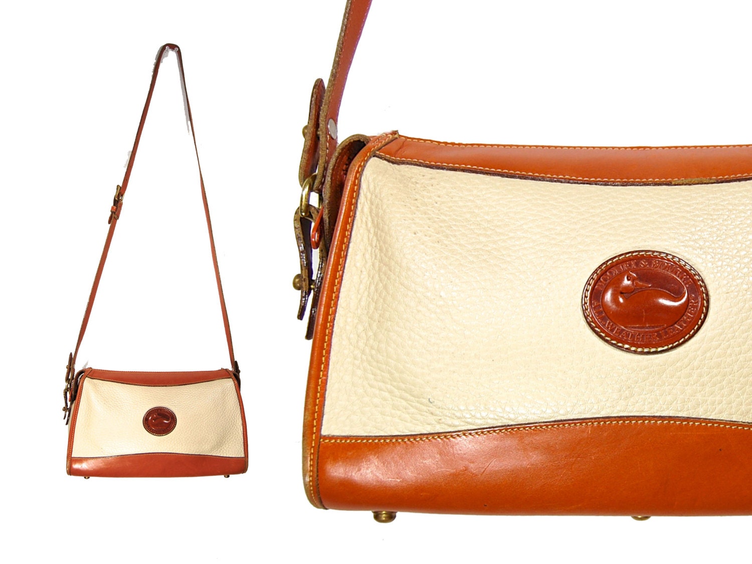 Buy the Vintage Dooney & Bourke All-Weather Leather Speedy Handbag Satchel  in Bone White/British Tan