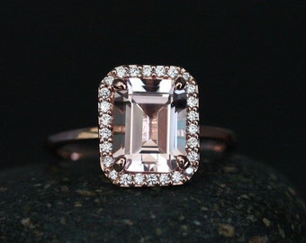 Morganite Emerald Cut Engagement Ring in 14k Rose Gold with Morganite 9x7mm and Diamond Halo