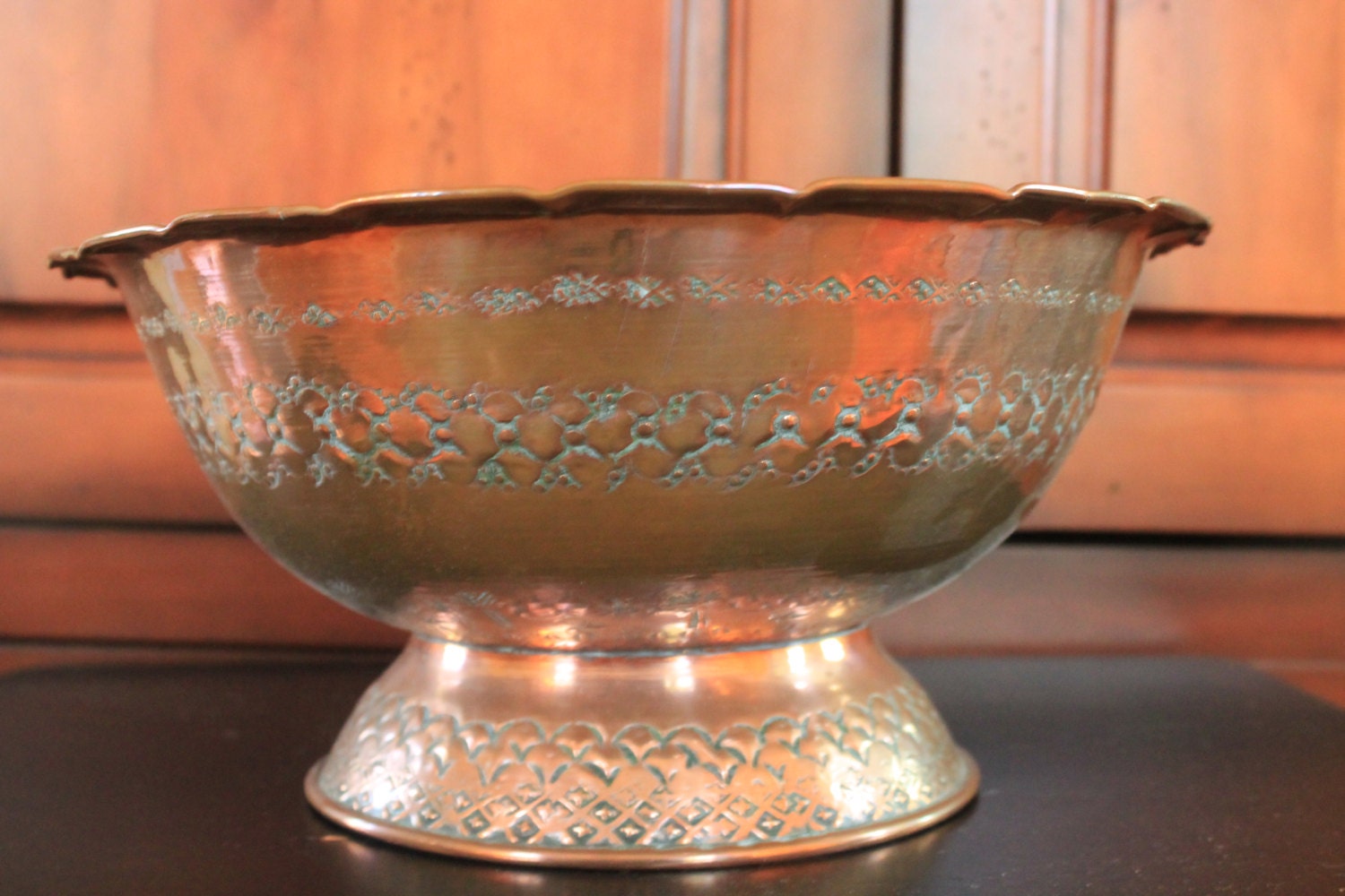 Large Copper Engraved Centerpiece Bowl by WillODellAntiques