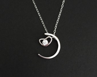 Sterling Silver Solitaire Necklace. I Love You To The Moon and Back Necklace. Sterling Silver Heart & Moon Necklace. Gift for Her.