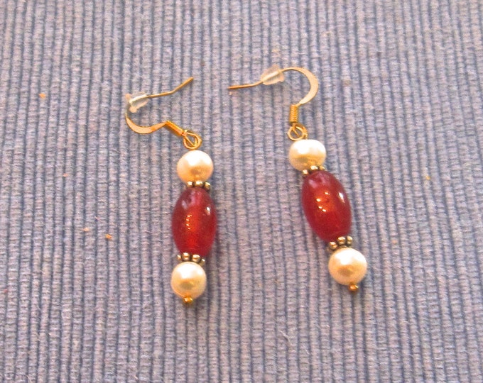 Natural Pearl and Ruby Gem Bead Earrings, 2 Inches Long, Gold Plate E80