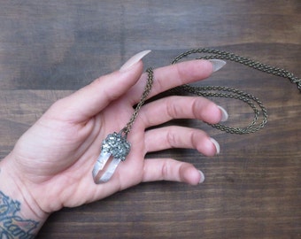 Pyrite Dipped Clear Quartz Statement Necklace On A Very Long Brass Chain