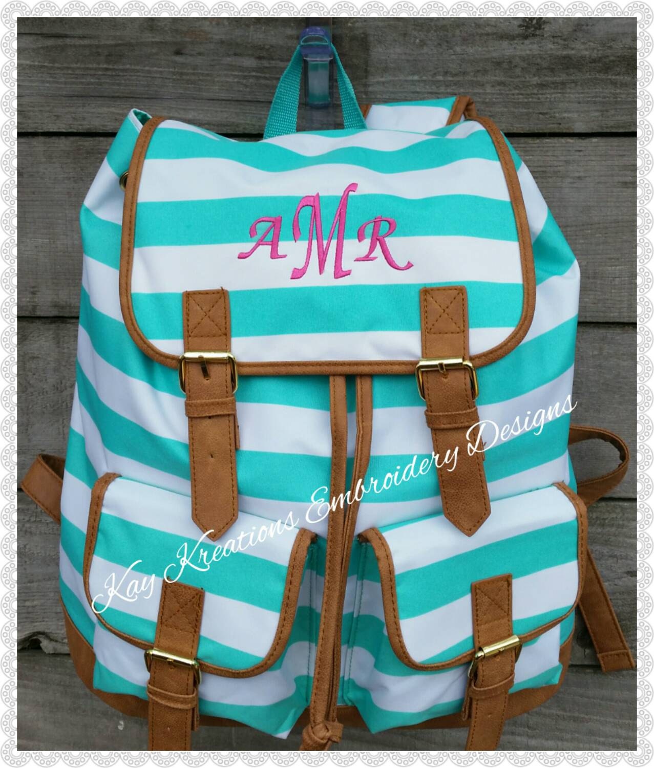 MONOGRAMMED Backpack Mint Stripe School Monogrammed Girls