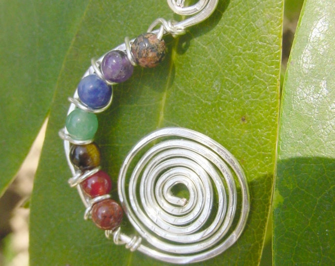 7 Chakra Spiral Wire Wrapped Pendant - Gemstones, Balance, Harmonize Energy Centers, Reiki Jewelry, Valentines Day Gift Idea