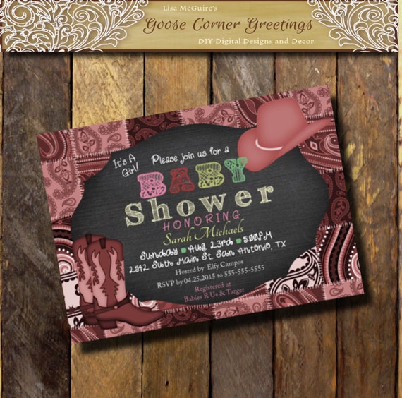 Baby Shower Invitation Chalkboard Quilt Boots Hat Bridal Shower