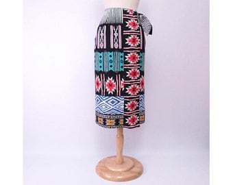 Vintage 80s Skirt Wrap Skirt Native Print Block Print Western Print Cotton Made in USA vintage size 8 or S to M