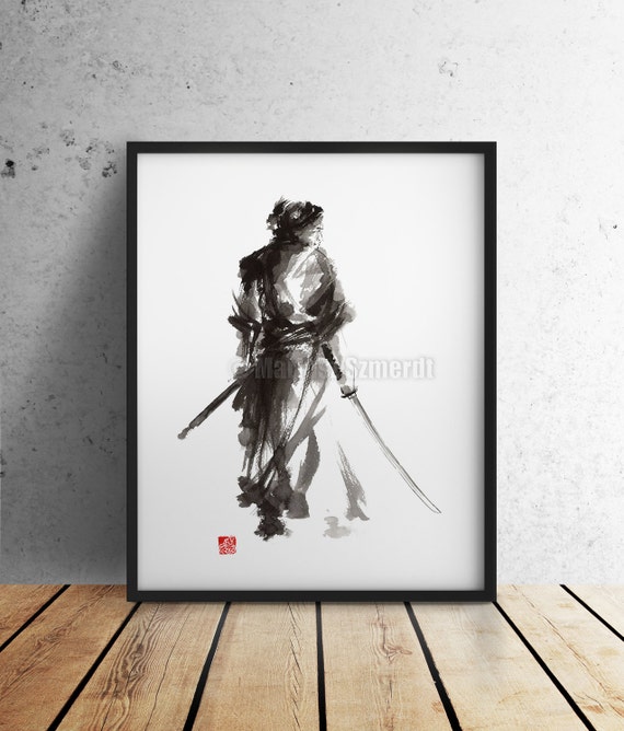 Samurai Painting Watercolor Poster Japanese Illustration