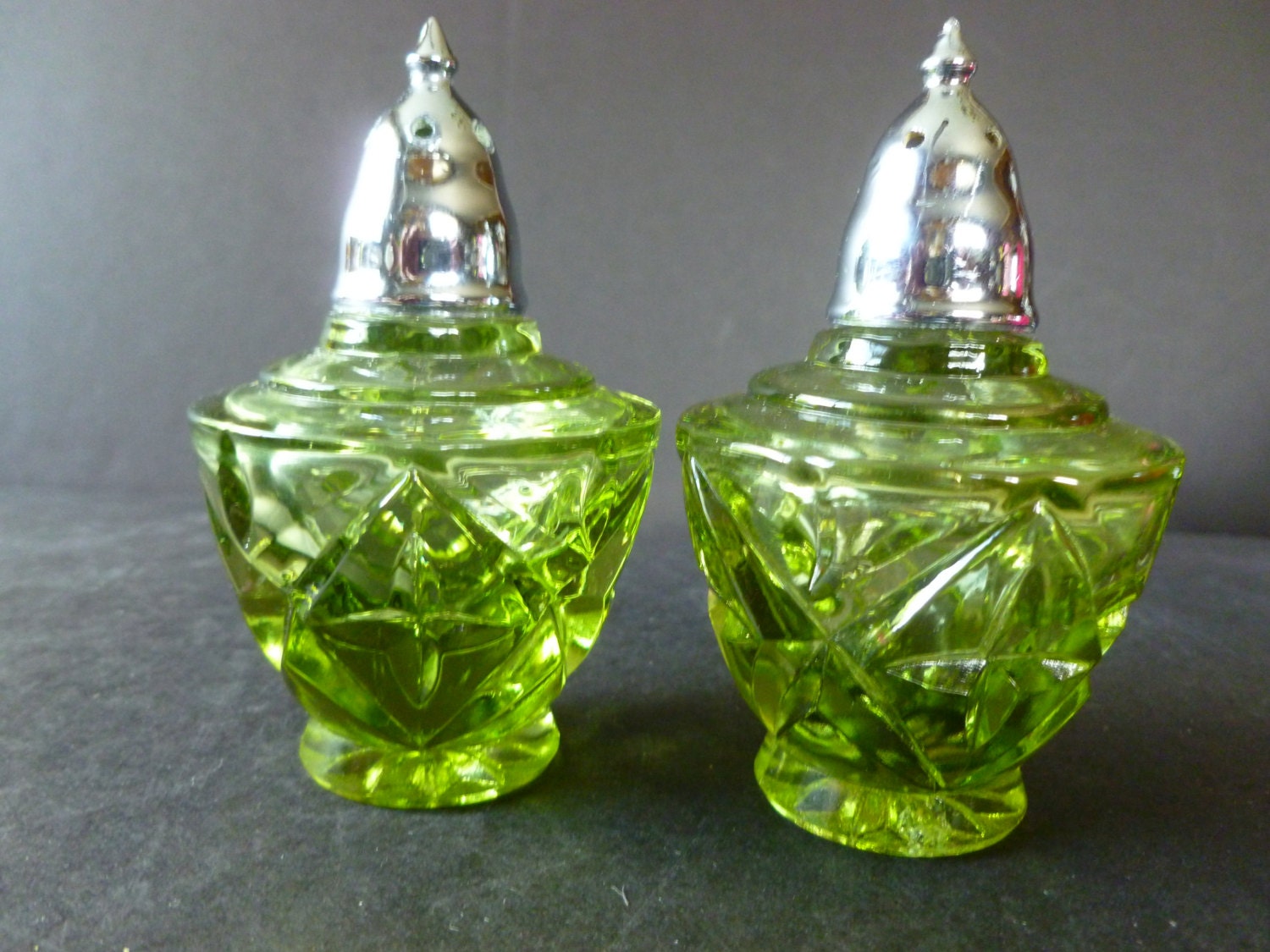 Vintage Ornate Green Glass Salt And Pepper Shakers with Silver