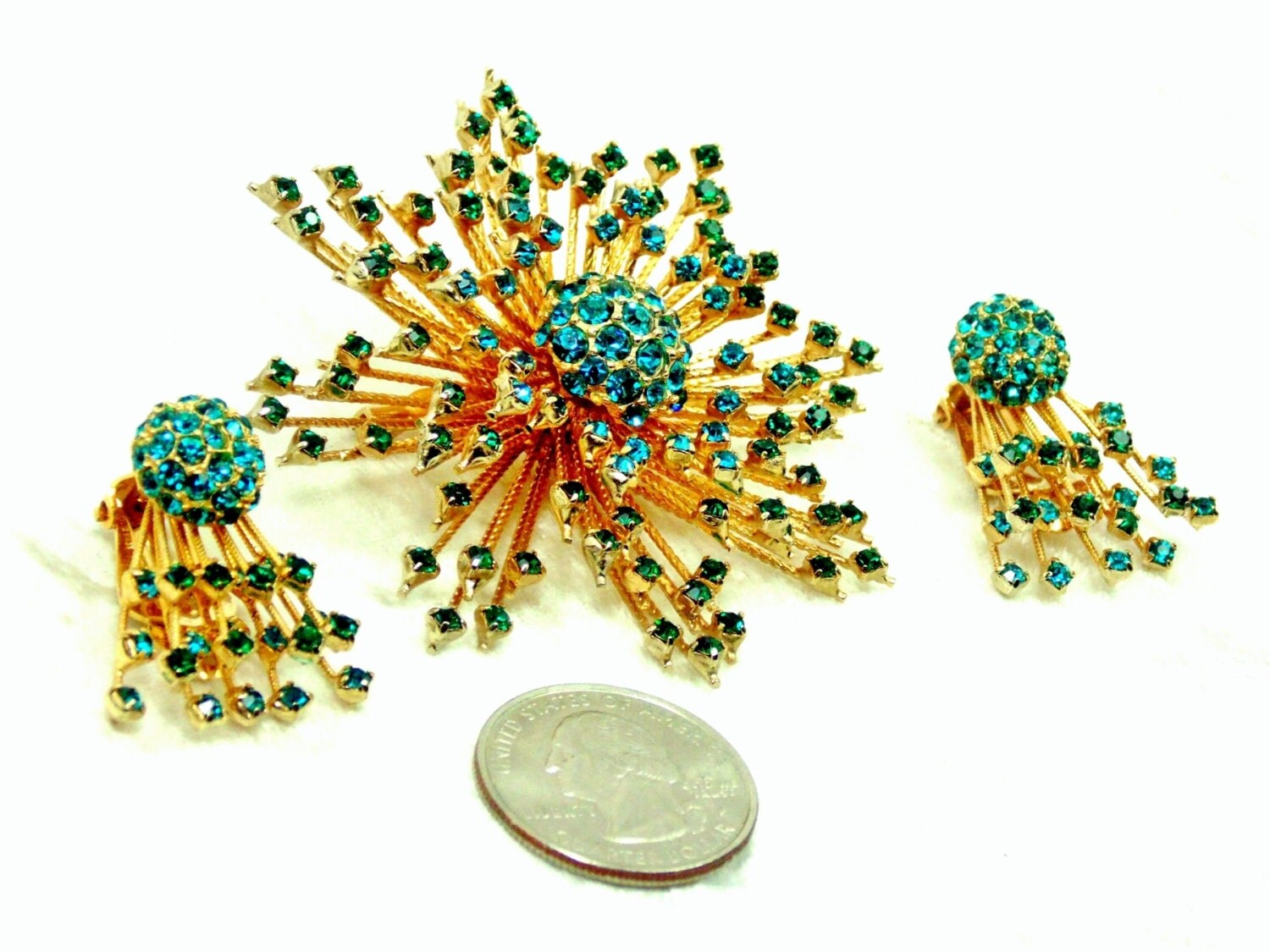 Vintage Warner Emerald Rhinestone Jewelry Set Starburst