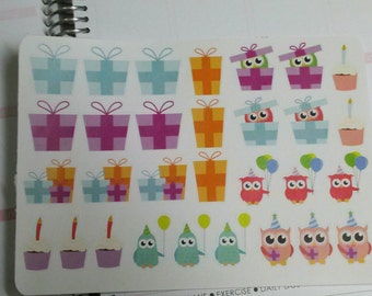 Birthday owl stickers for erin condren life planner, filofax, daytimer, plum planner, kikki k or any planner