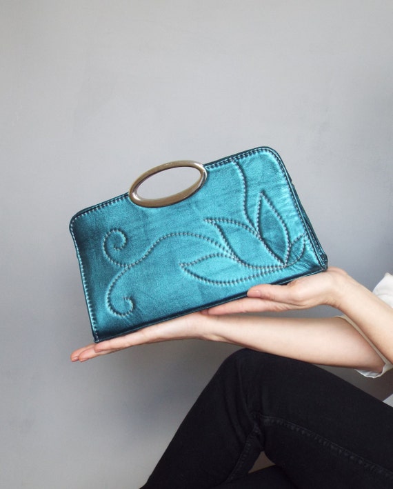 Teal evening bag. Formal leather blue purse.