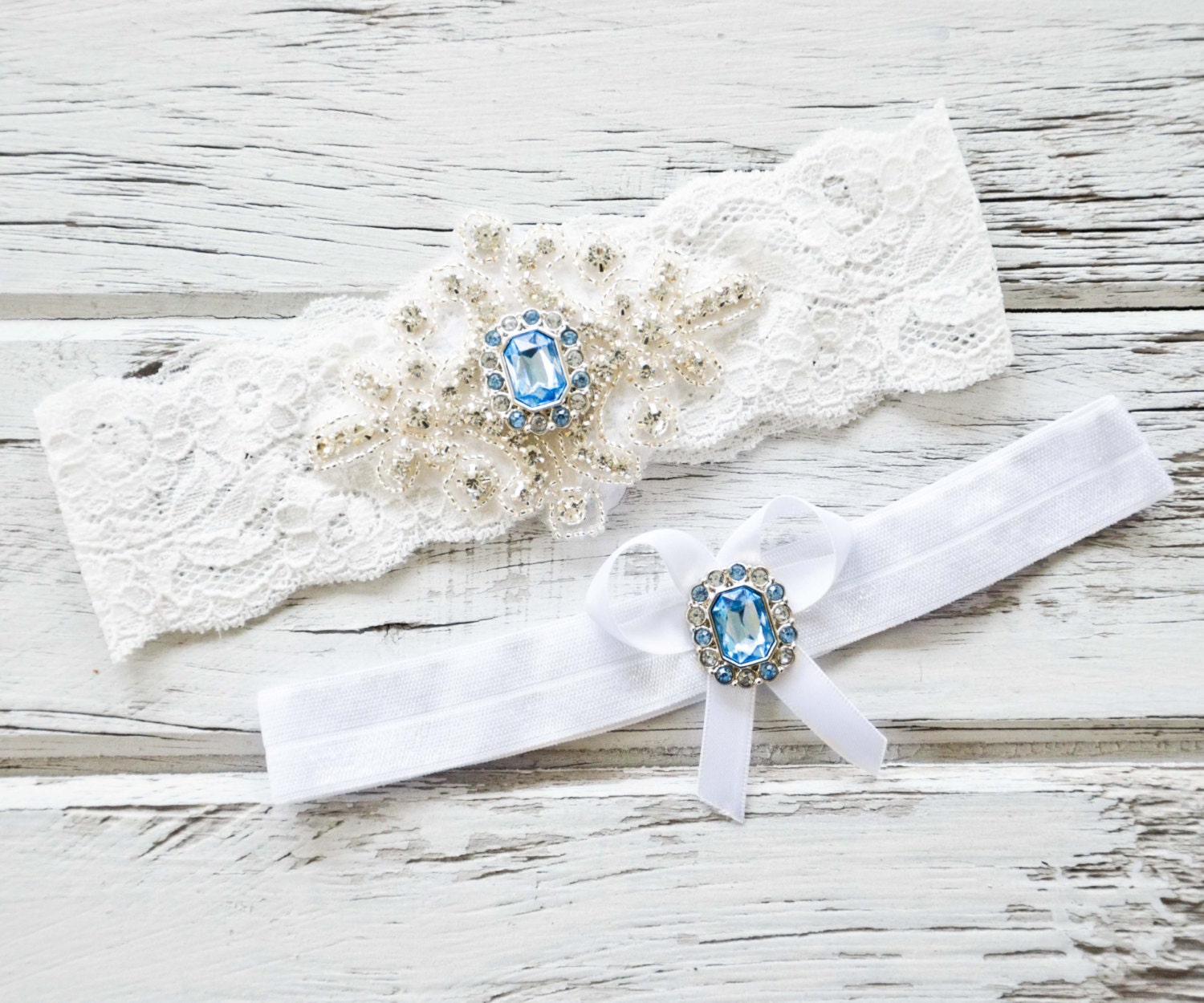 Blue Topaz Ivory White Lace Bridal Garter Belt Wedding Set