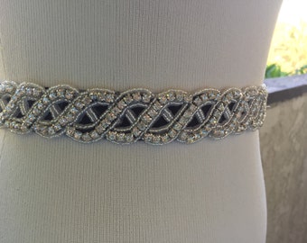 Silver Wedding Belt Sash,Bridal Sash,Best seller sash ,Rhinestone Crystal Sash,Beaded sash,Silver Sash On Black Ribbon