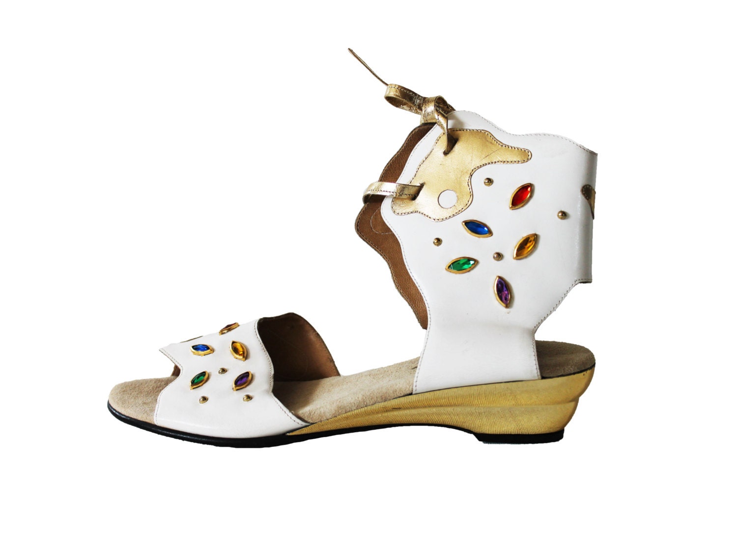 Rainbow Jeweled White Leather Gladiator Sandals Metallic Gold