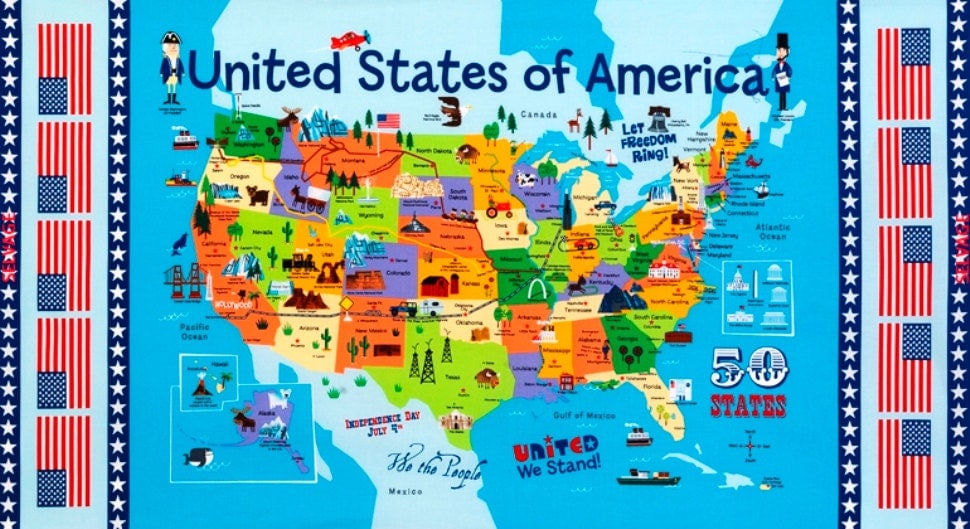 USA 50 States Cotton Fabric Map 24.5 X 44 Panel by