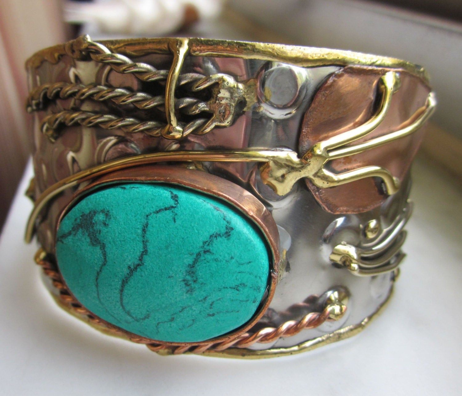 RESERVED cuff bracelet silver metal copper turquoise composite