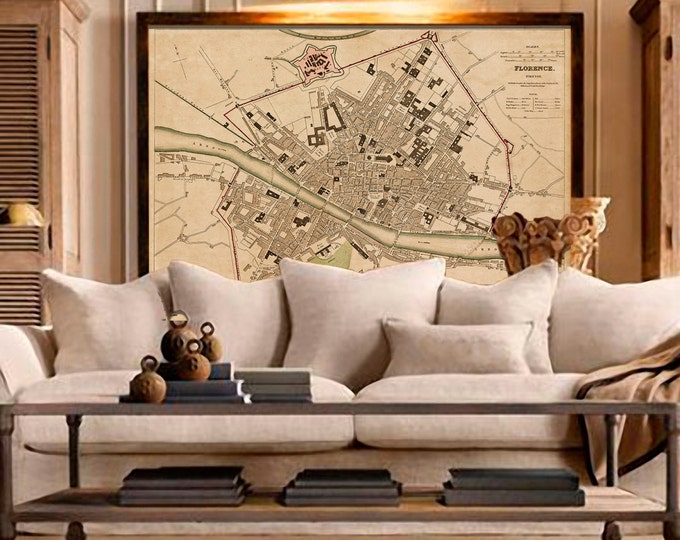 Old map of Florence Italy 1835 Florence map Vintage Map of Firenze Old world Restoration Hardware style Italy wall map Large Map Home Decor