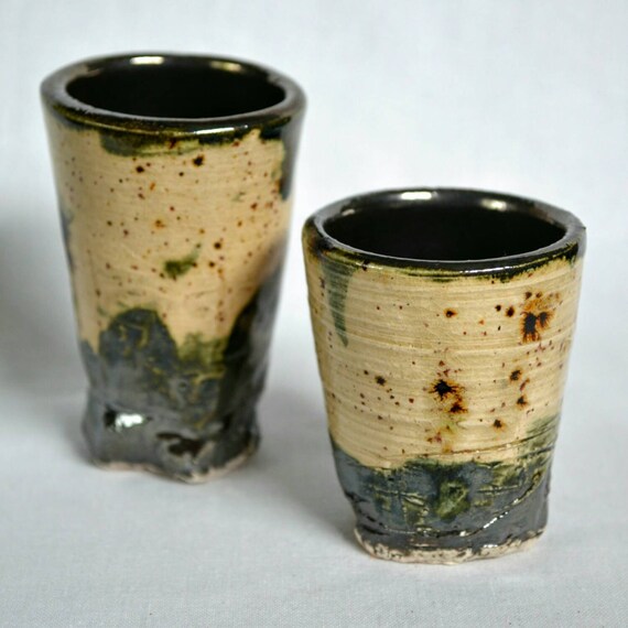 Ceramic Shot Glass Set Cream Brown Green by AshleyBethPottery