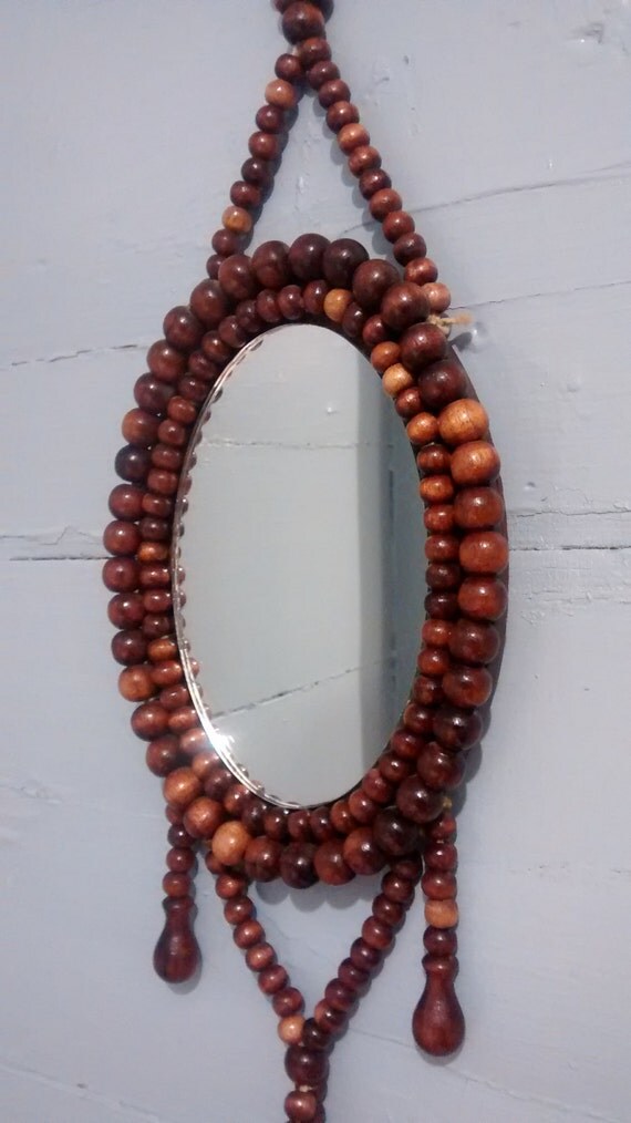 Vintage Oval Mirror Boho Wood Beads