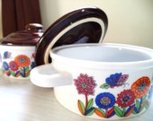 Vintage Onion Soup Bowls with Brown Lids, Orange Red Blue Purple Flowers Butterfly, 60's Ceramic Stoneware Japan