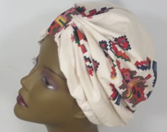 Cotton, fashion turban, hat, white, Aztec print, full turban, chemo, vintage style, designer, size Sm, Med, L, XL. Free shipping in USA.