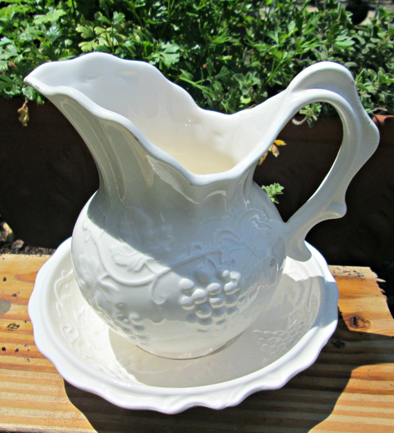 White Ceramic Water Pitcher & Basin Bowl Country by RobinsLane