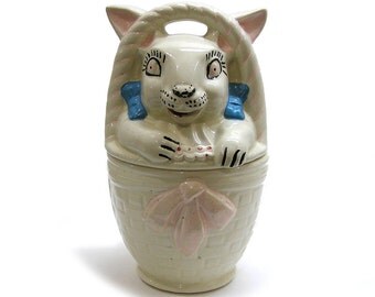Vintage 1940s Cookie Jar by American Bisque Pottery Rabbit In Basket