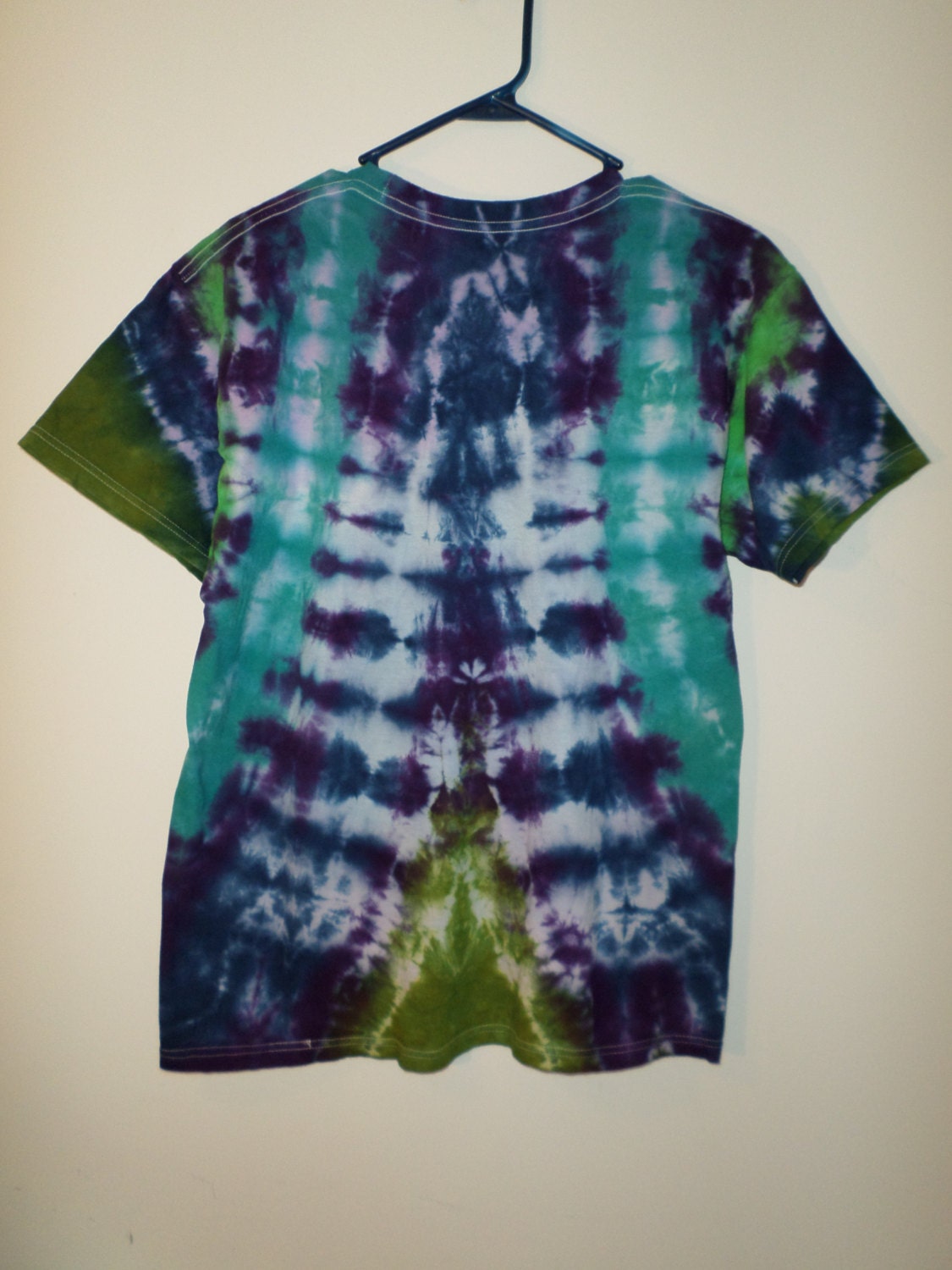 V-neck Tye Dye T-shirt Blue Teal Purple and Avocado by WildBearArt