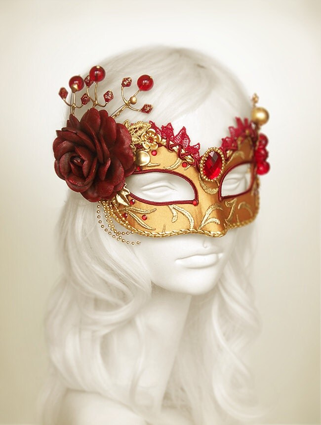 Burgundy Red And Gold Masquerade Mask Venetian Style