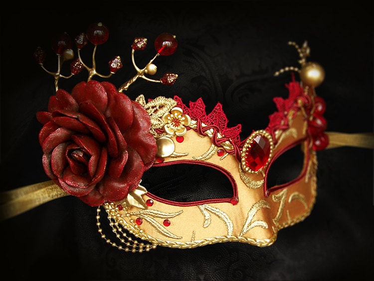 Burgundy Red And Gold Masquerade Mask Venetian Style