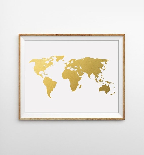 Gold World Map Print World Map Art Faux Gold Foil Map