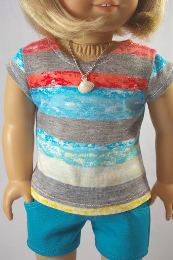 TEE Top Blouse SHIRT in Citrus Stripes B2 and Shorts Options with Surprise NECKLACE for American Girl or 18" Doll