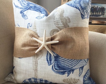 Fish sealife burlap bow coastal pillow cover 18x18