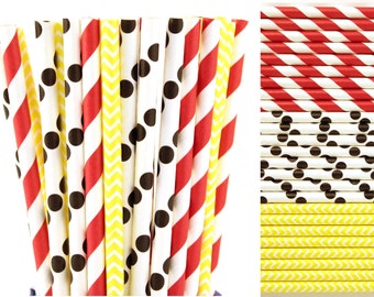 Mickey or Minnie Mouse Paper Straw Mix-Red Striped Paper Straws-Black Polka Dot Paper Straw-Yellow Chevron Paper Straws-Birthday Party Straw