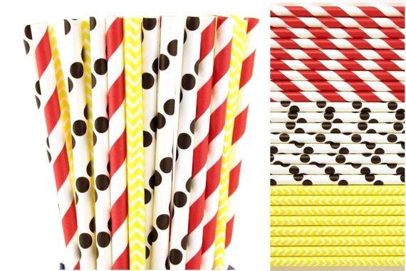 Mickey or Minnie Mouse Paper Straw Mix-Red Striped Paper Straws-Black Polka Dot Paper Straw-Yellow Chevron Paper Straws-Birthday Party Straw Il_570xn