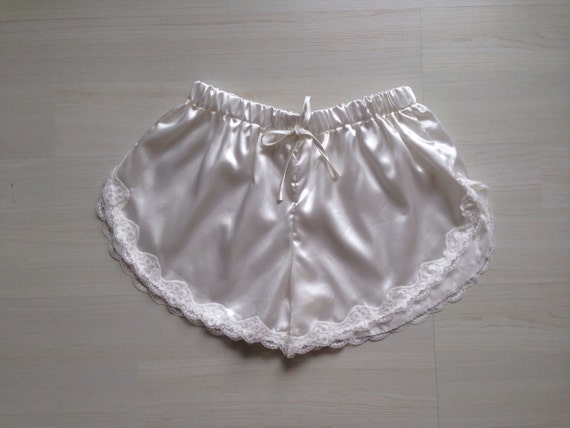 White satin shorts woman pajama shorts with white lace trim