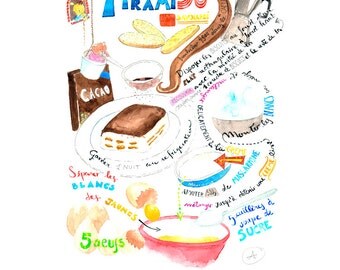 Illustrated recipe of the "Tiramisù" Print of my original watercolor illustration decoration for children and kitchen