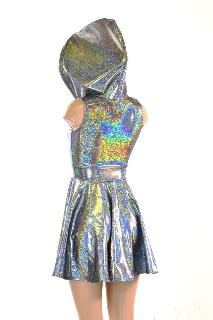 Sleeveless Silver Holographic Hoodie Skater Dress w/Black Zen