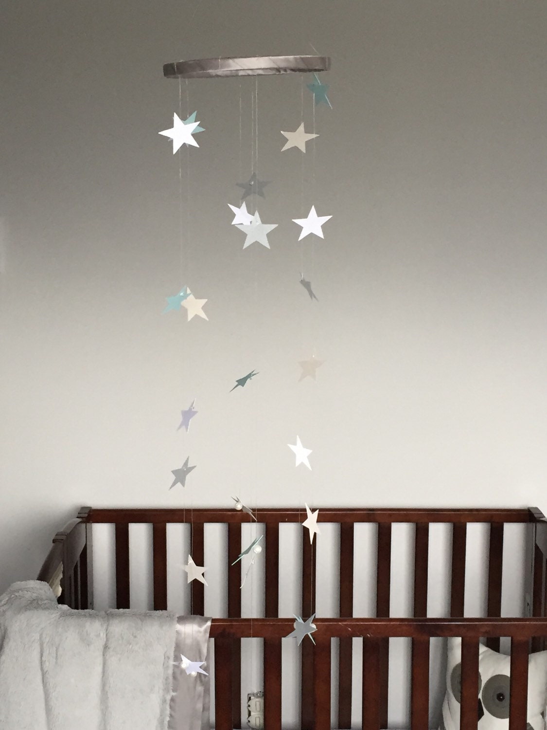 Tiny simple star nursery mobile in grey blue and white