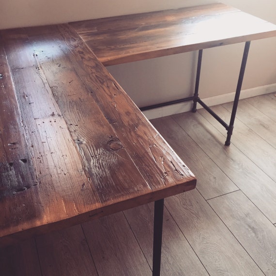 L Shaped Desk Reclaimed Wood Desk Pipe Legs by GuiceWoodworks