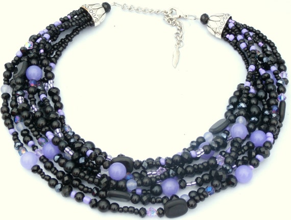 Purple and black statement necklace, lavender and black, multistrand ...