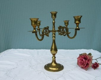Vintage, brass, taper candle holder , candelabra, centerpiece, four arm,Retro,light patina,formal,fancy,gold tone,wedding,50th anniversary