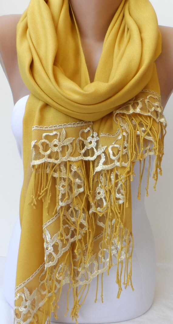 French Lace Gold Pashmina Shawls with lace trim by elegancescarf