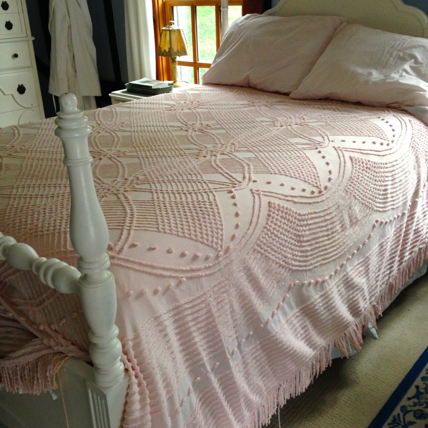 1960s pink chenille bedspread for projects cutter or layering