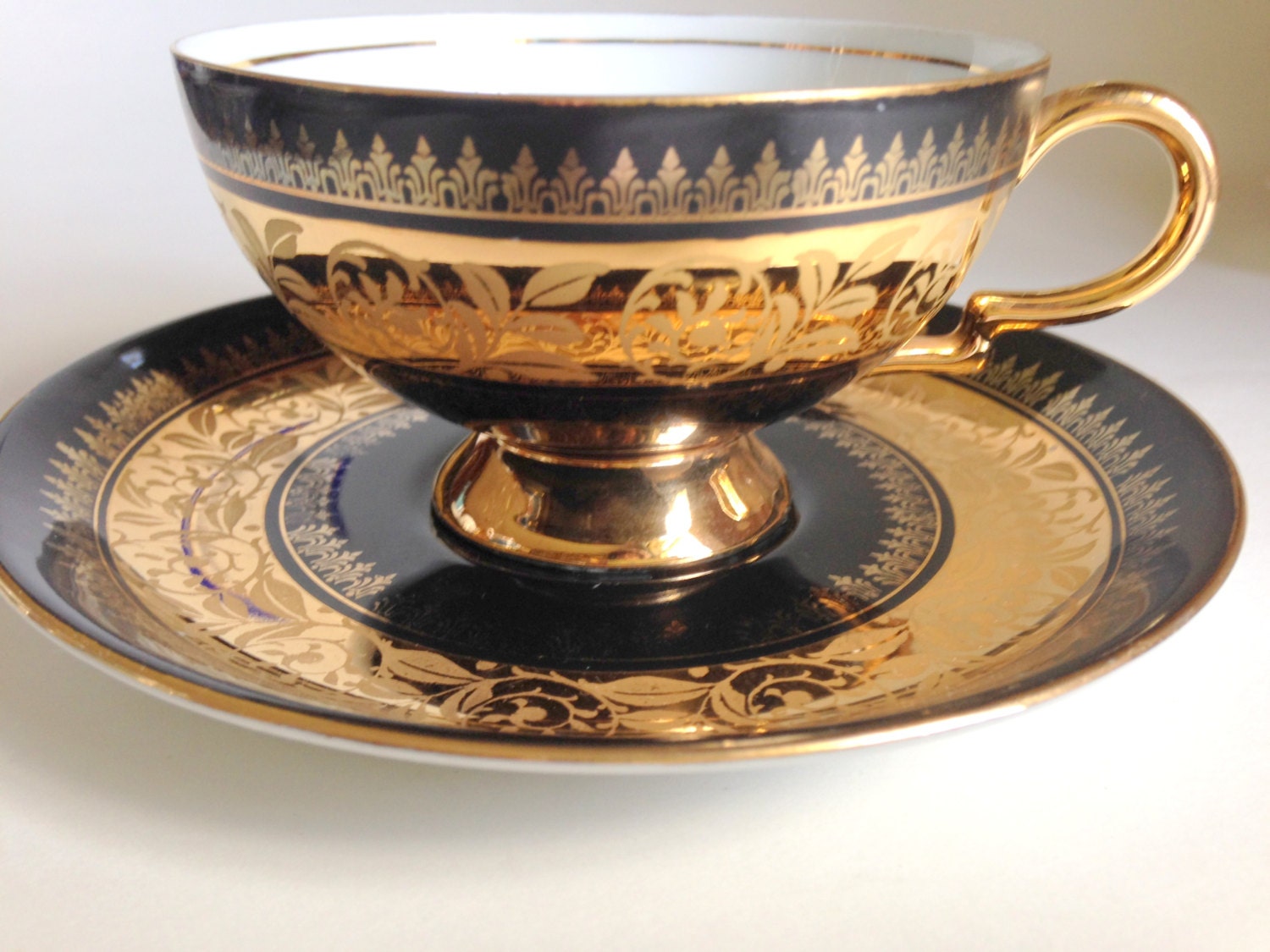 Black Gold RWK Tea Cup and Saucer, Bavarian Tea Cups, Rudolf Wachter