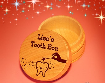 Design's Personalized Tooth Fairy Box with Choice of Engraved Tooth Design Options &Font Selection with Gift Pouch Included
