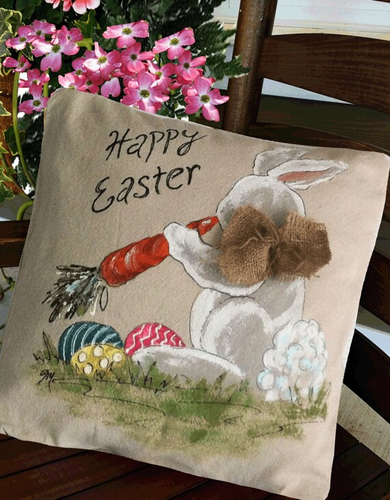 Pillow Cover Easter Bunny Carrot and Easter Eggs
